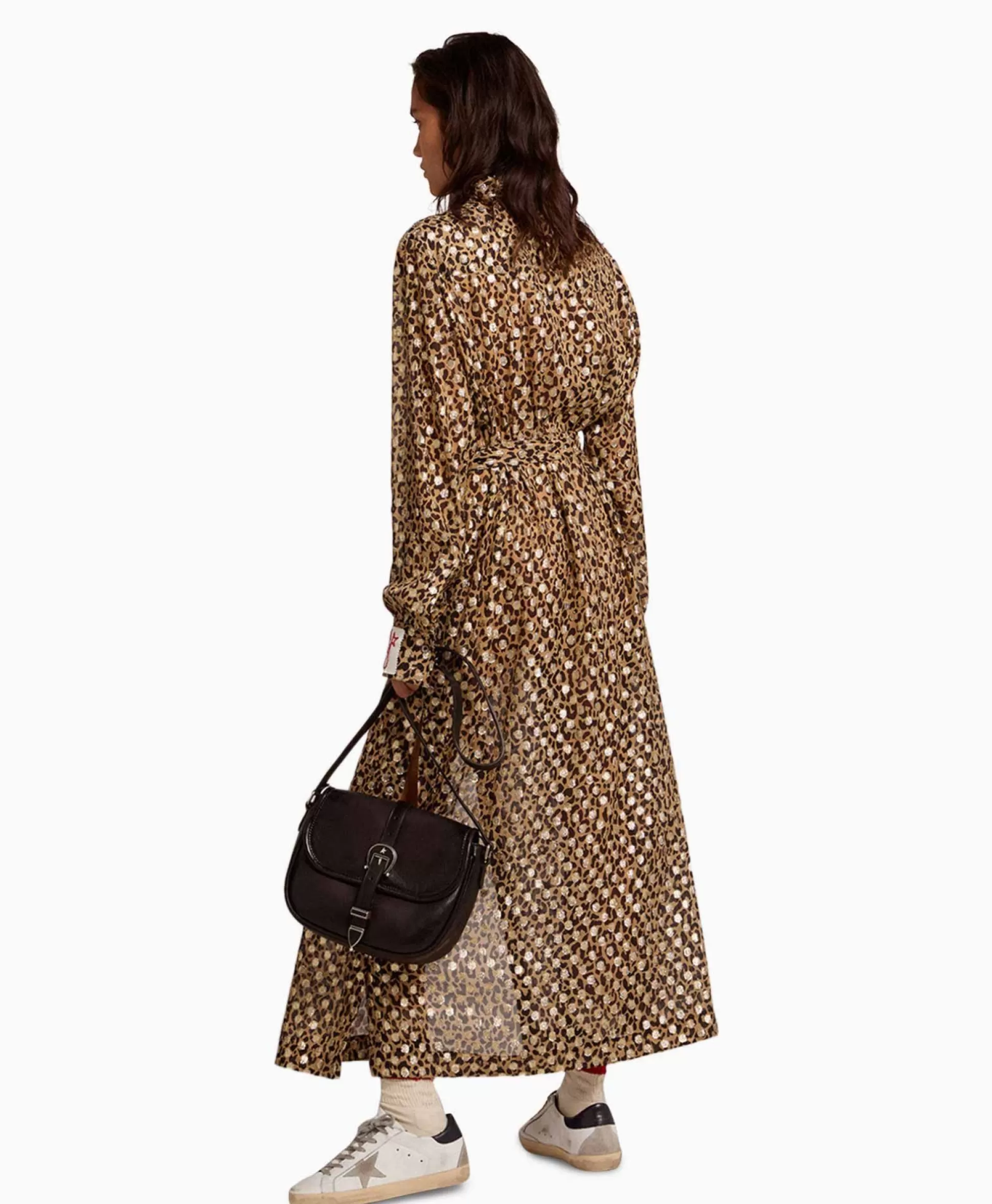 Hot Midi Jurk Golden W's Chemisier Leopard Print Fil C Beige Dames Jurken